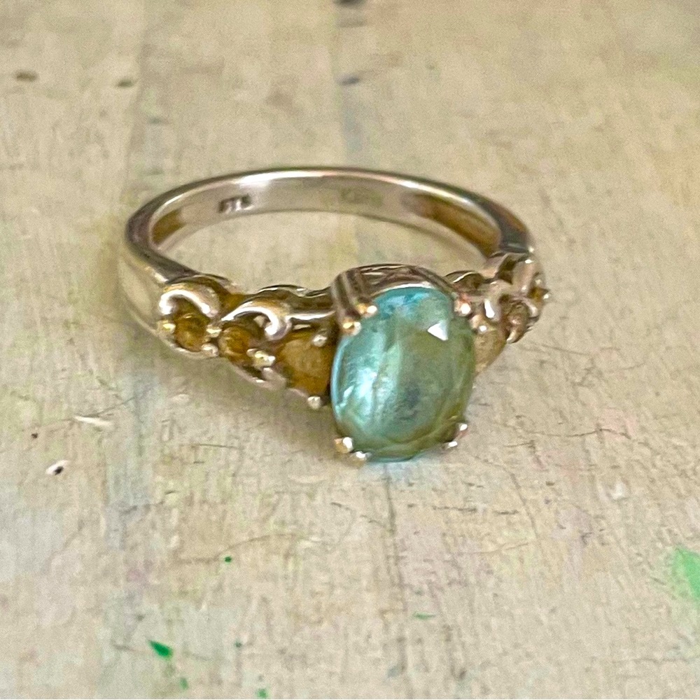 Vintage 925 natural aquaMarine & chalcedony heart scroll ring